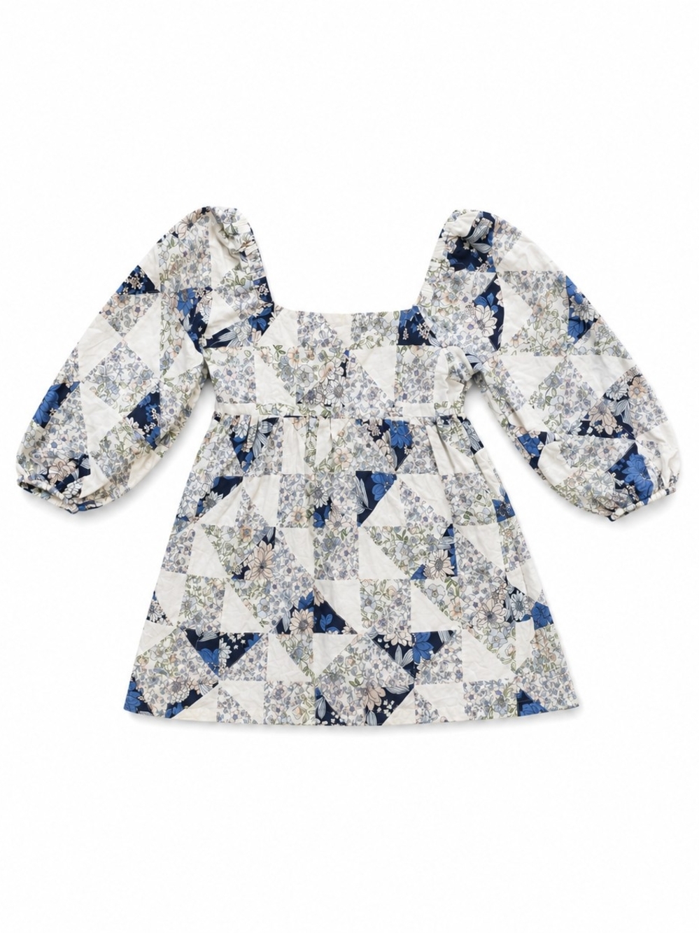 J. Crew Square Neck Puff Sleeve Floral Patchwork Mini Dress, Blue & White, Large